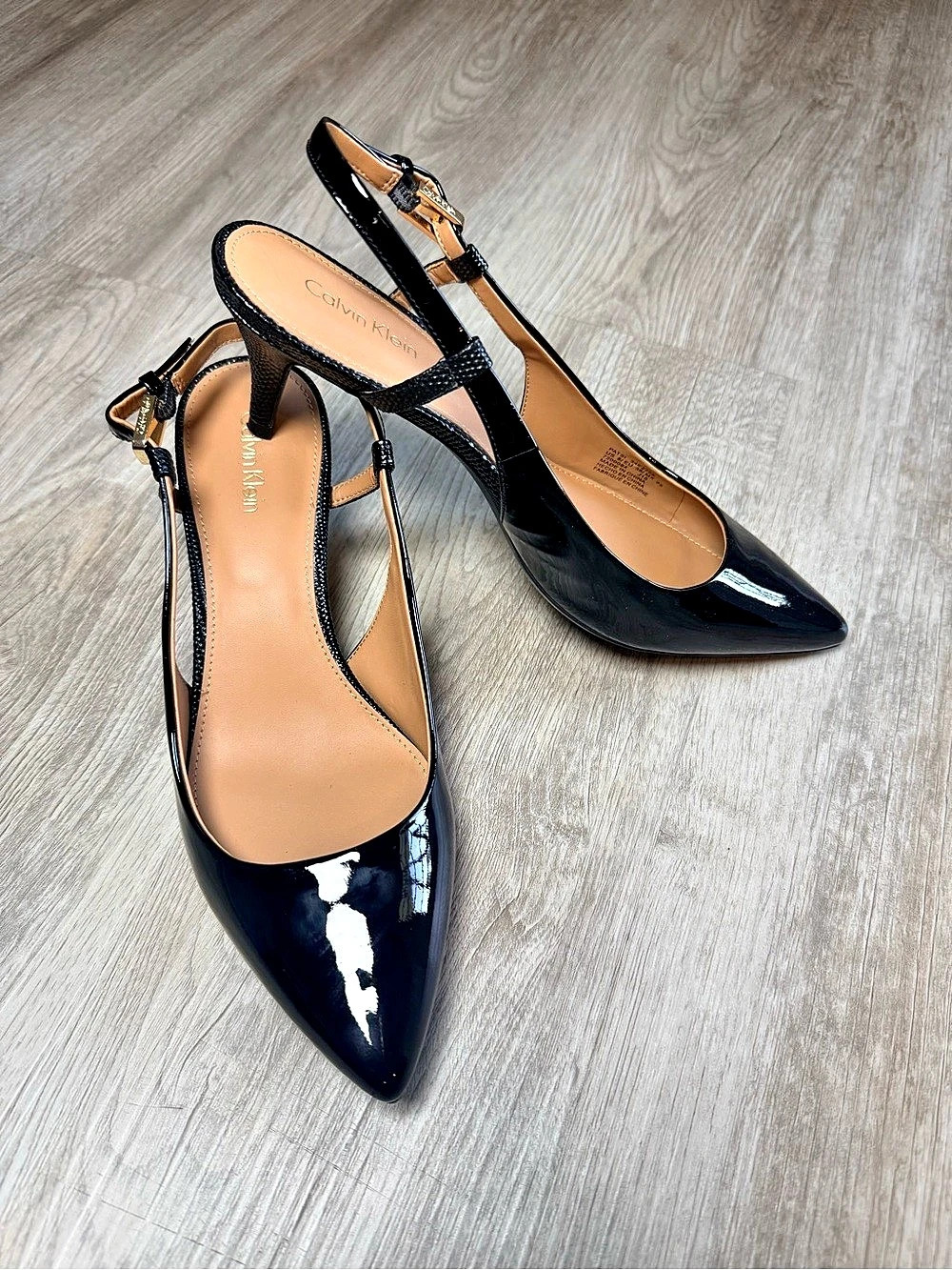 Calvin Klein Patsi Black Patent Pointed Toe Slingback Pumps Heels Size 8 2.5”